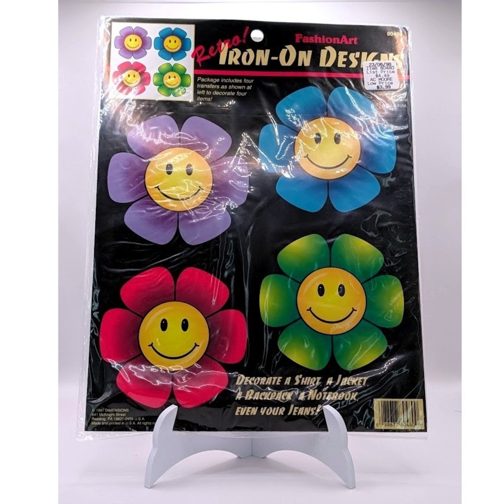 Vintage 1997 FashionArt Retro Iron On Designs Smiley Face Flowers 4 Pack 80480